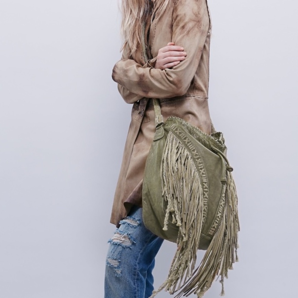 Free People Isadora Fringe Leather Bag Olive